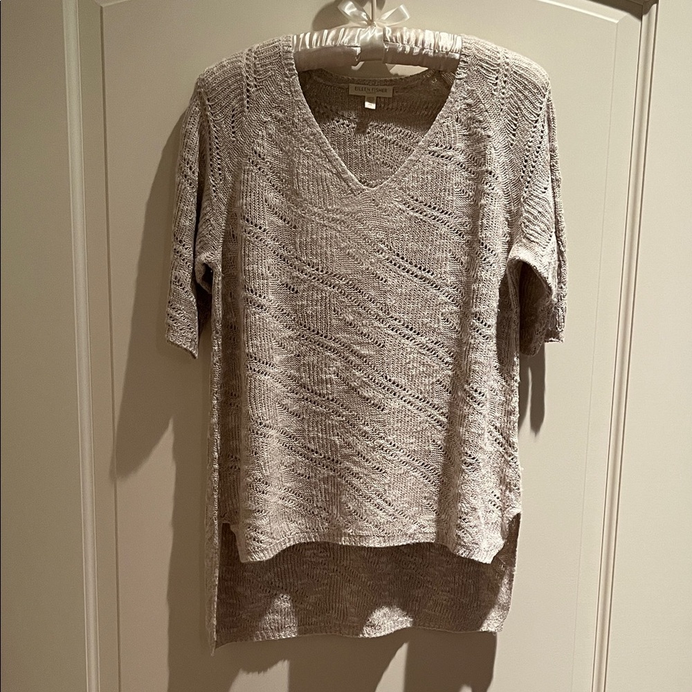 Eileen Fisher Sweater Linen Blend V-neck Short Sleeve Oatmeal Size PS